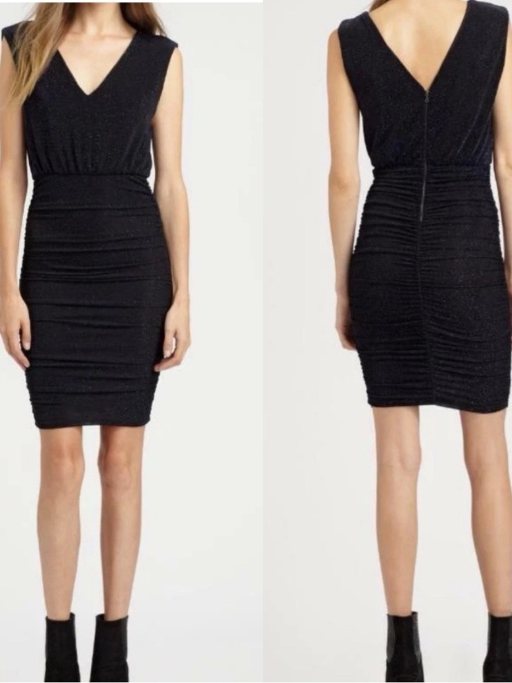 Alice + Olivia Navy Shimmer V Neck Mini Dress Ruched Evening Party Hoco S